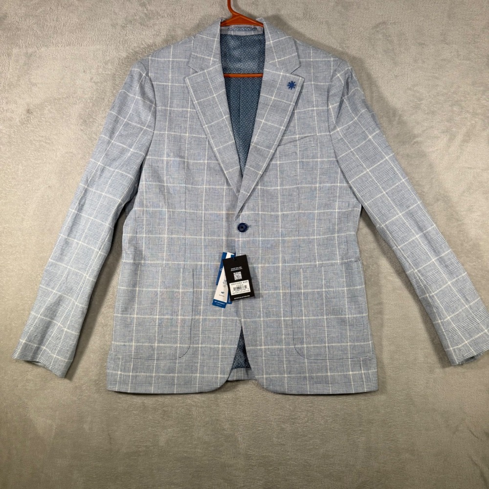Report Collection Mens Blue‎ Glen Plaid Stretch Linen Blazer Sport Coat 40R NEW